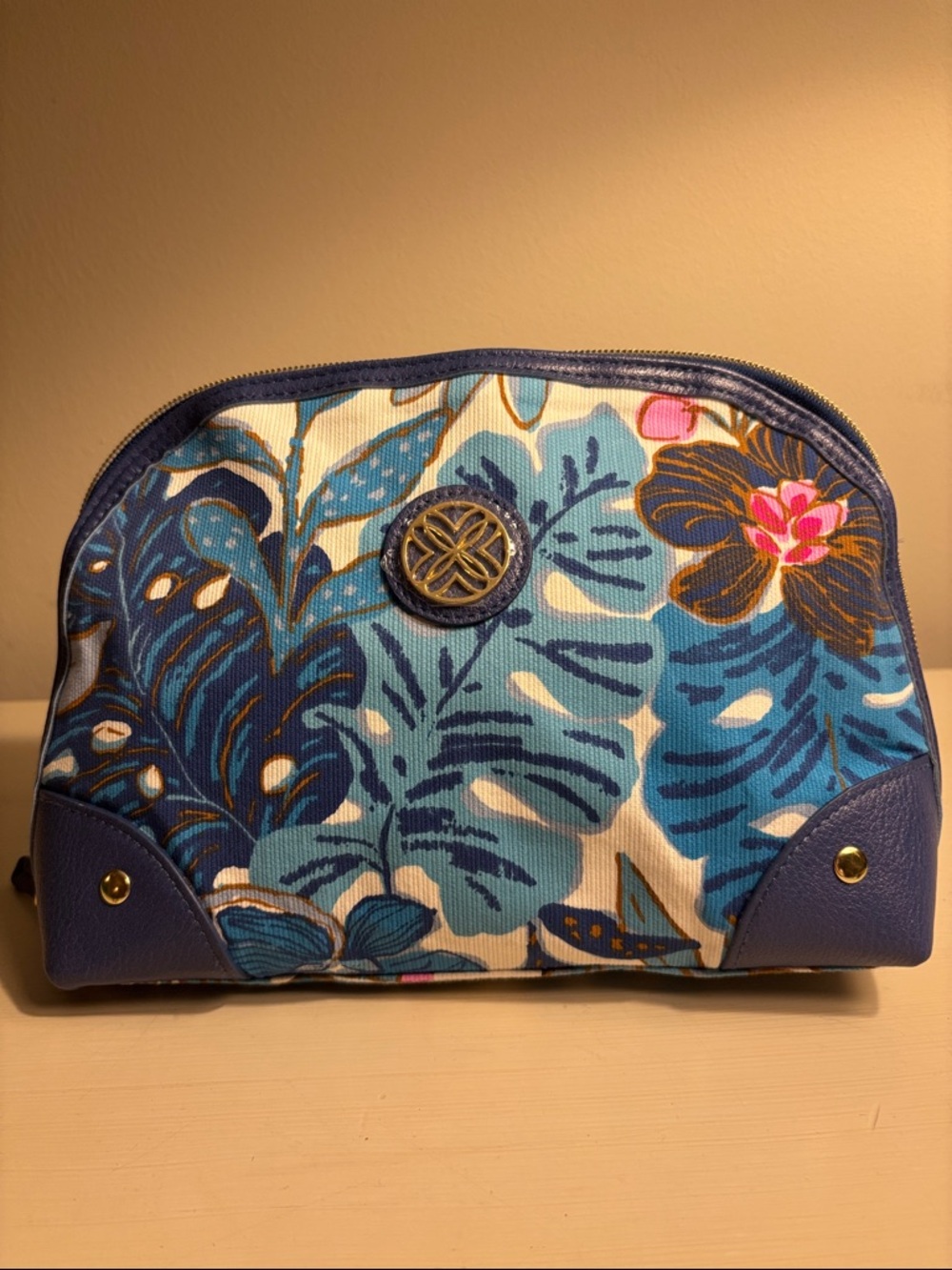 Lilly Pulitzer blue pink white floral cosmetic pouch